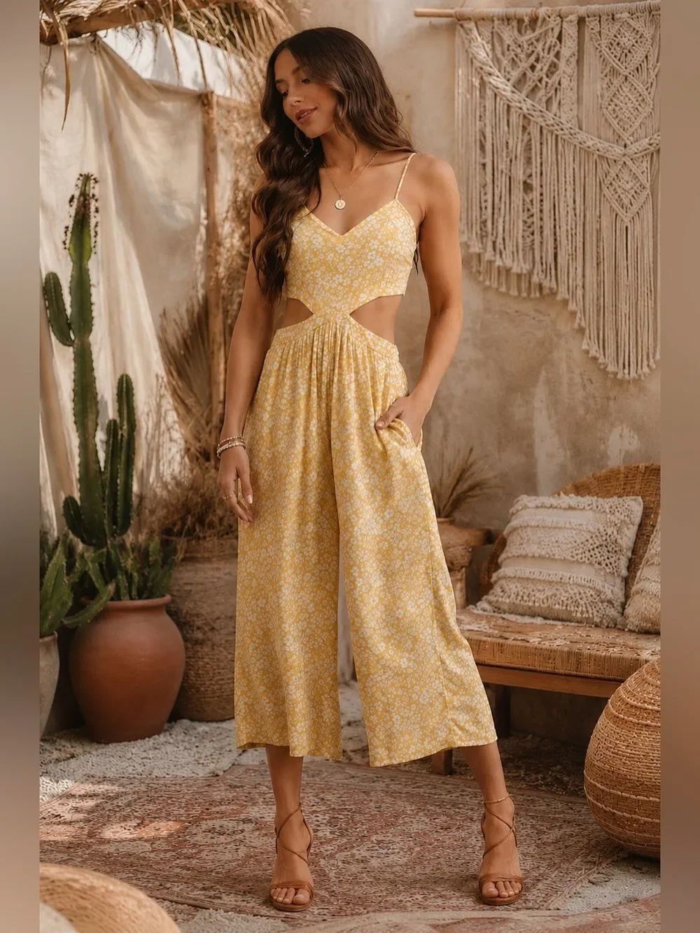 aerie Yellow Floral Cutout Wide-Leg Jumpsuit